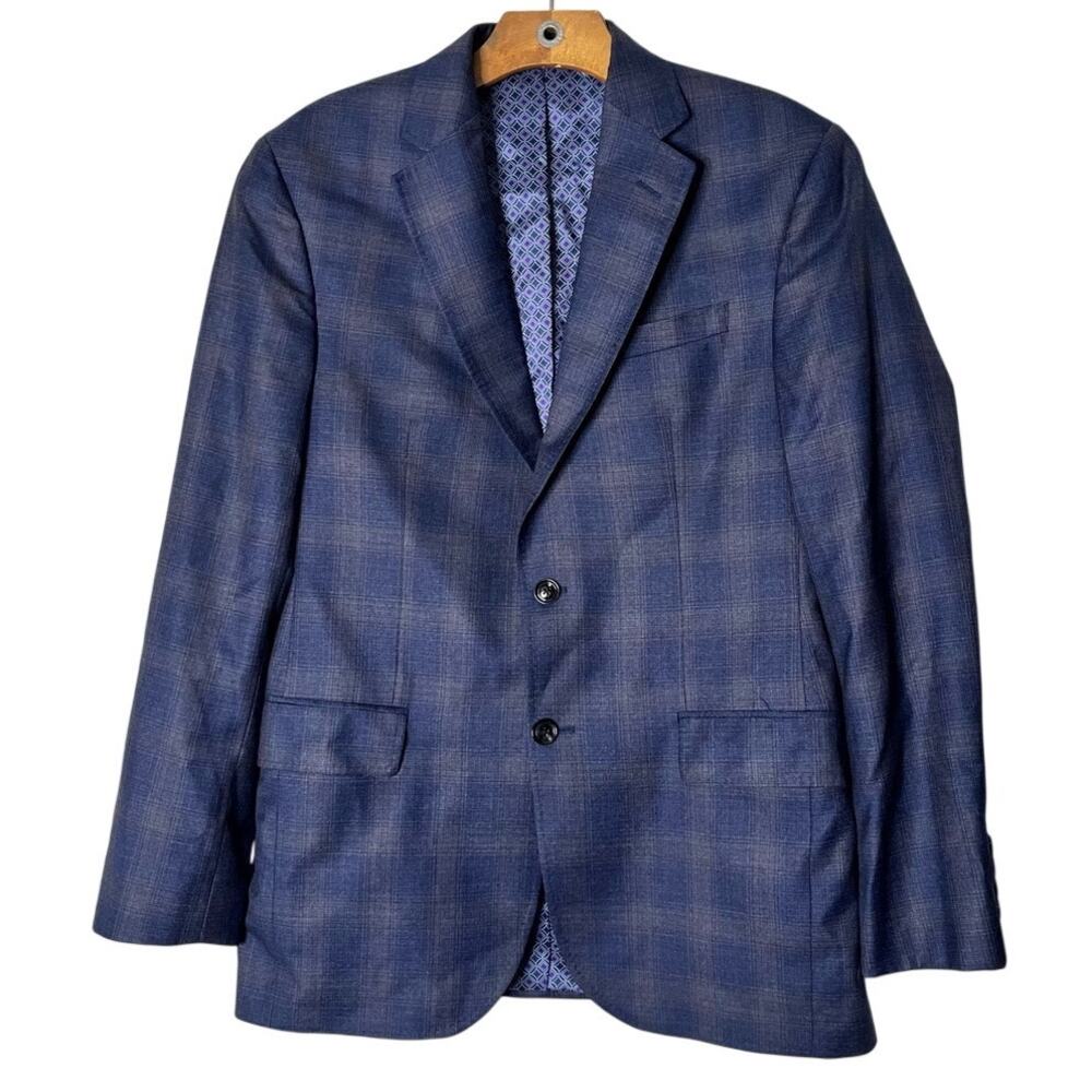 Ted Baker Endurance Men 40R Sport Coat 100% Wool Plaid Blazer Blue Grey